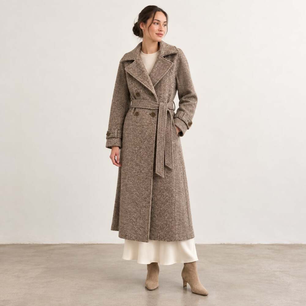 Abercrombie & Fitch Carrie Wool Blend Trench Coat Brown Herringbone Belted Winte